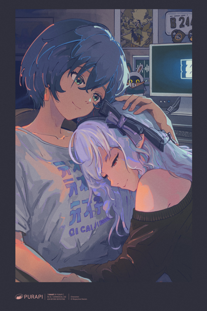 2girls, absurdres, bangboo_(zenless_zone_zero), bare_shoulders, belle_(zenless_zone_zero), black_sweater, blue_hair, bow