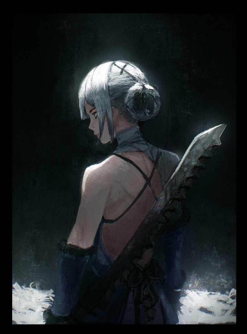 1girl, absurdres, bandaged_arm, bandaged_neck, bandages, black_background, black_border, border