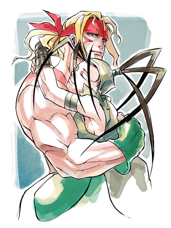 1boy, 1girl, ai-eye, alex_winger, antenna_hair, bandana, black_hair, blonde_hair, blue_eyes, breasts, closed_eyes, commission, dougi, facepaint, fingerless_gloves, gloves, headband, height_difference, hetero, high_ponytail, hug, ibuki_(street_fighter), long_hair, manly, muscular, ninja, ponytail, sideboob, street_fighter, street_fighter_iii_(series), topless_male