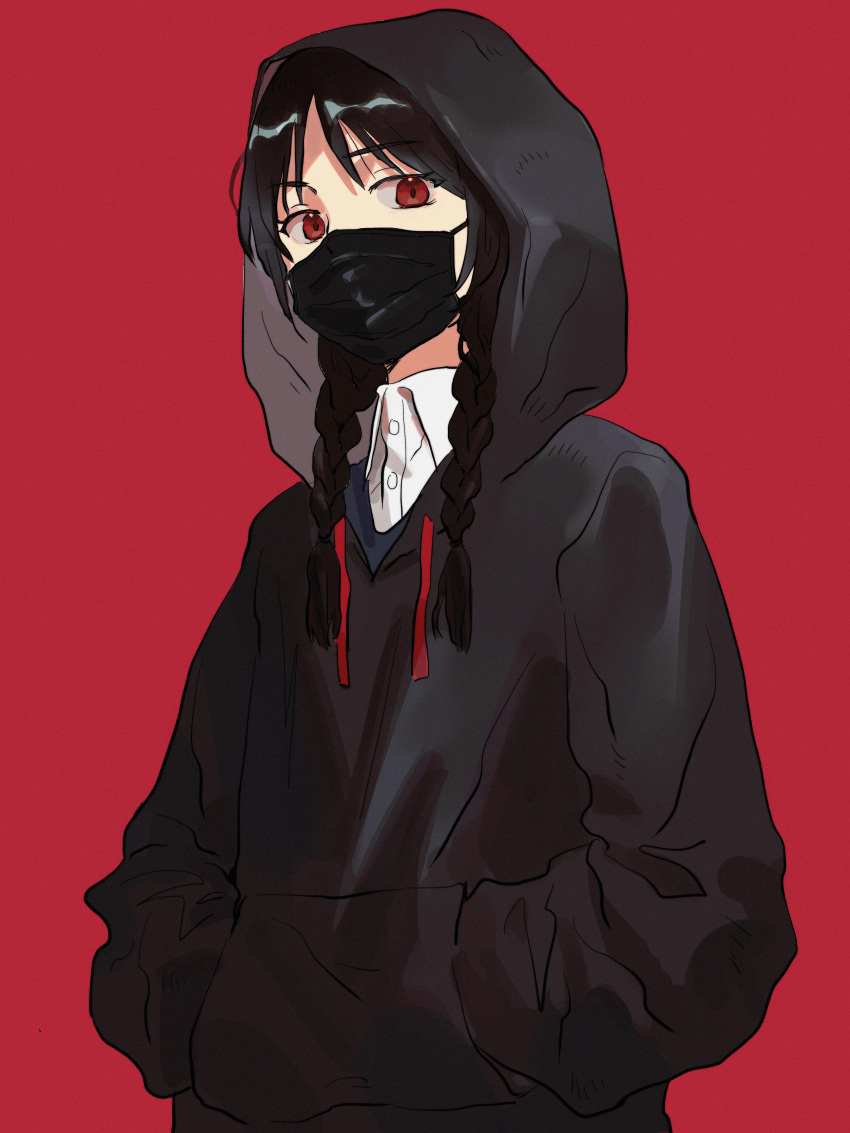 1girl, absurdres, black_hoodie, braid, buttons, collared_shirt, commentary_request, fate/grand_order, fate_(series), greyscale, hands_in_pockets, highres, hood, hoodie, littlebird_label, long_hair, long_sleeves, looking_at_viewer, mask, monochrome, mouth_mask, no_name_assassin_(fate), official_alternate_hairstyle, red_background, shirt, simple_background, solo, standing, surgical_mask, twin_braids, white_shirt