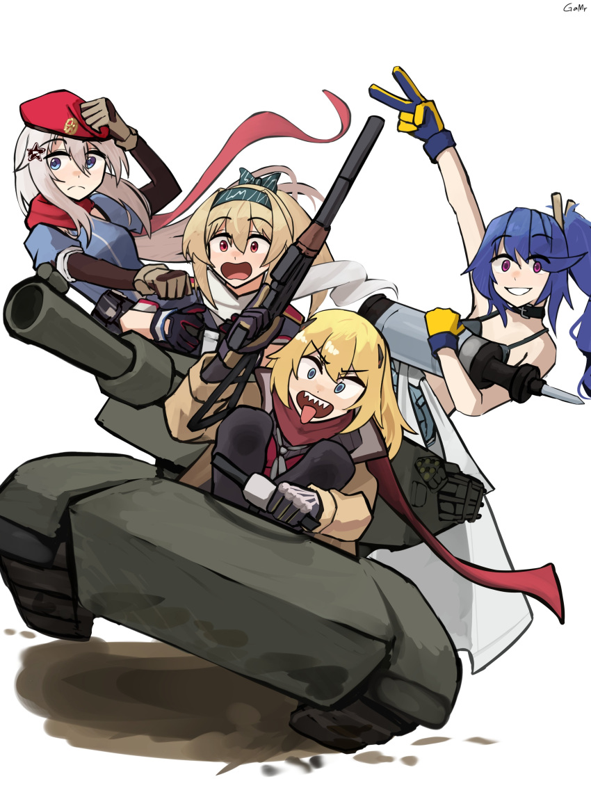 4girls, 9a-91_(girls'_frontline), absurdres, ammunition, as_val, as_val_(girls'_frontline), as_val_(mod3)_(girls'_frontline), assault_rifle, beret, caterpillar_tracks, covering_head, gamryous, girls_frontline, gun, hat, highres, holding, holding_gun, holding_tank_shell, holding_weapon, k11_(girls'_frontline), military_vehicle, motor_vehicle, multiple_girls, on_tank, rifle, sv-98_(girls'_frontline), tank, tank_shell, v, weapon, white_background