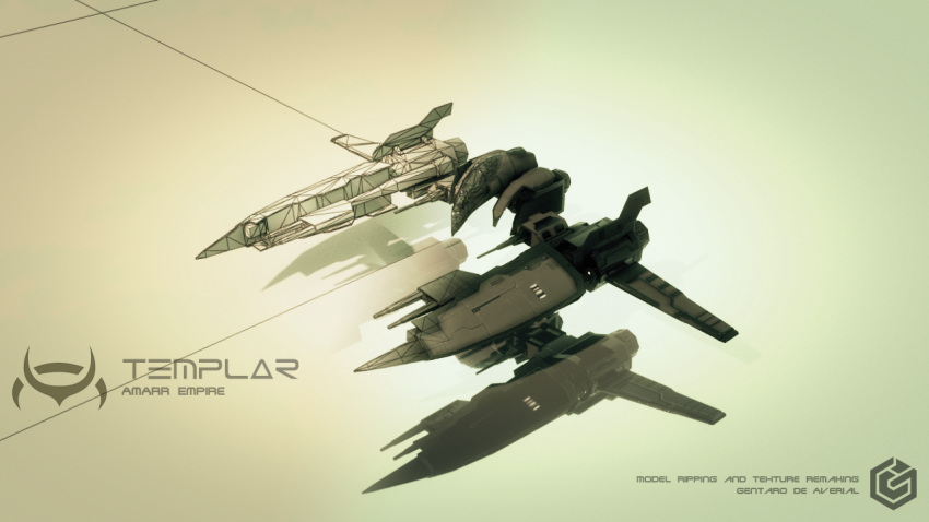 3d, amarr_empire_(eve_online), commentary, english_commentary, english_text, eve_online, gentaro-de-averial, light_fighter_(eve_online), low_poly, military_vehicle, no_humans, realistic, reflective_floor, science_fiction, spacecraft, starfighter, vehicle_focus, vehicle_name