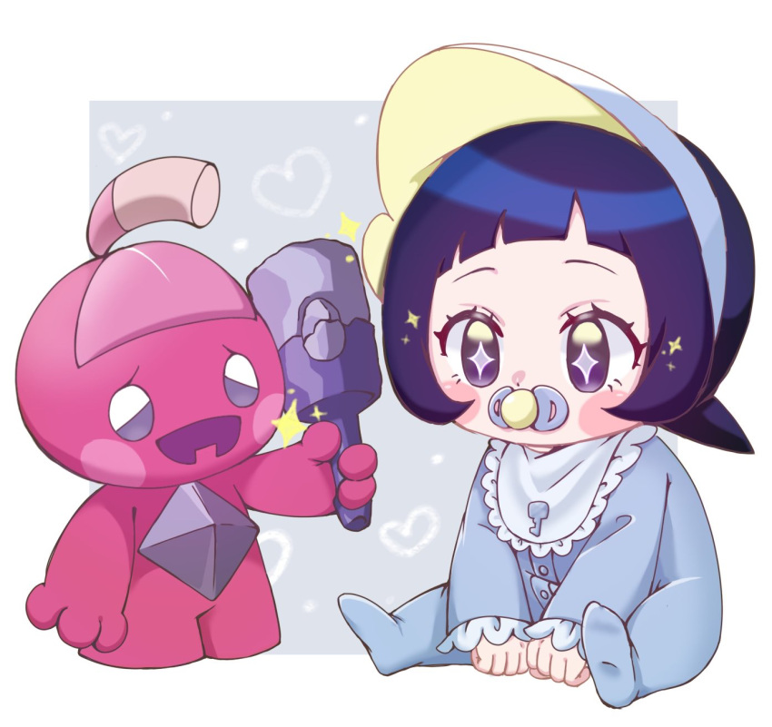 +_+, 1girl, aged_down, black_eyes, black_hair, blush_stickers, cheru_(ankh3373), commentary_request, eyelashes, grey_pupils, highres, long_sleeves, mouth_hold, onesie, own_hands_together, pacifier, pokemon, pokemon_(creature), pokemon_scarlet_and_violet, poppy_(pokemon), sitting, sparkle, tinkatink, toddler