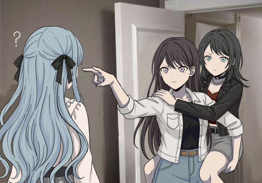 3girls, ?, bang_dream!, bang_dream!_it's_mygo!!!!!, belt, black_hair, black_jacket, black_ribbon