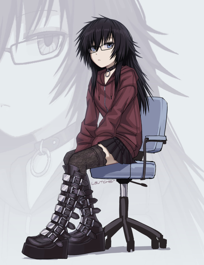 1girl, absurdres, artist_name, belt_boots, black-framed_eyewear, black_boots, black_hair, black_skirt