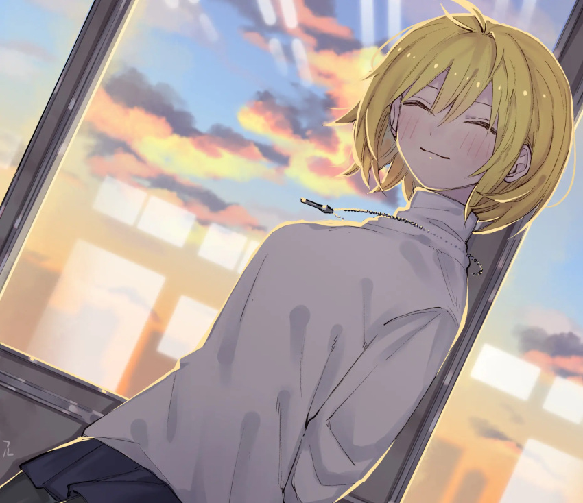 1girl, antenna_hair, arcueid_brunestud, arms_behind_back, black_pantyhose, blonde_hair, blue_skirt, blush
