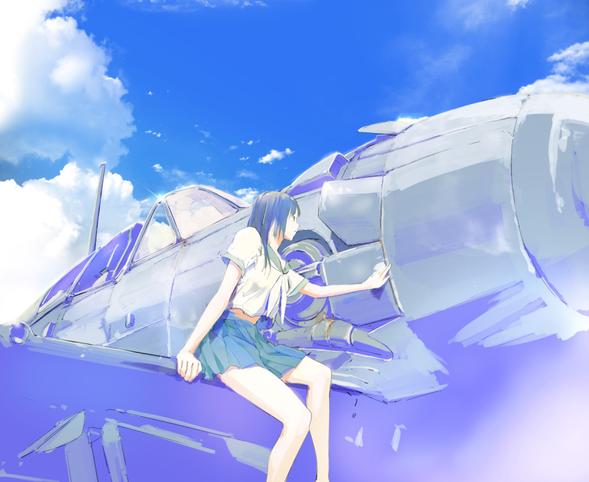 2ma, airplane, arm_support, black_hair, blue, cloud, from_below, j2m