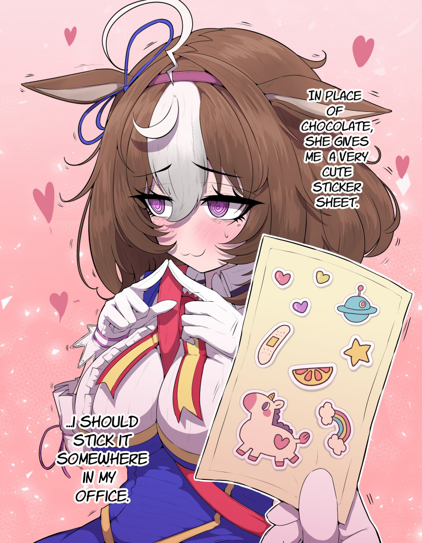 1boy, 1girl, :3, @_@, absurdres, ahoge, animal_ears, averting_eyes, between_breasts, blue_vest, blush, breasts, brown_hair, center_frills, closed_mouth, clothed_cleavage, commentary, commission, ear_ribbon, ears_down, embarrassed, english_text, frills, gloves, hair_between_eyes, hairband, highres, holding, holding_paper, horse_ears, horse_girl, index_fingers_together, large_breasts, mayoa, medium_hair, meisho_doto_(turbulent_blue)_(umamusume), meisho_doto_(umamusume), multicolored_hair, paper, pink_hairband, pov, pov_hands, shirt, solo_focus, strap_between_breasts, trainer_(umamusume), two-tone_hair, umamusume, vest, violet_eyes, white_gloves, white_hair, white_shirt