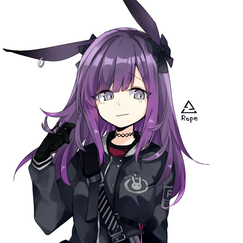 1girl, animal_ears, arknights, black_bow, black_gloves, black_jacket, bow, character_name