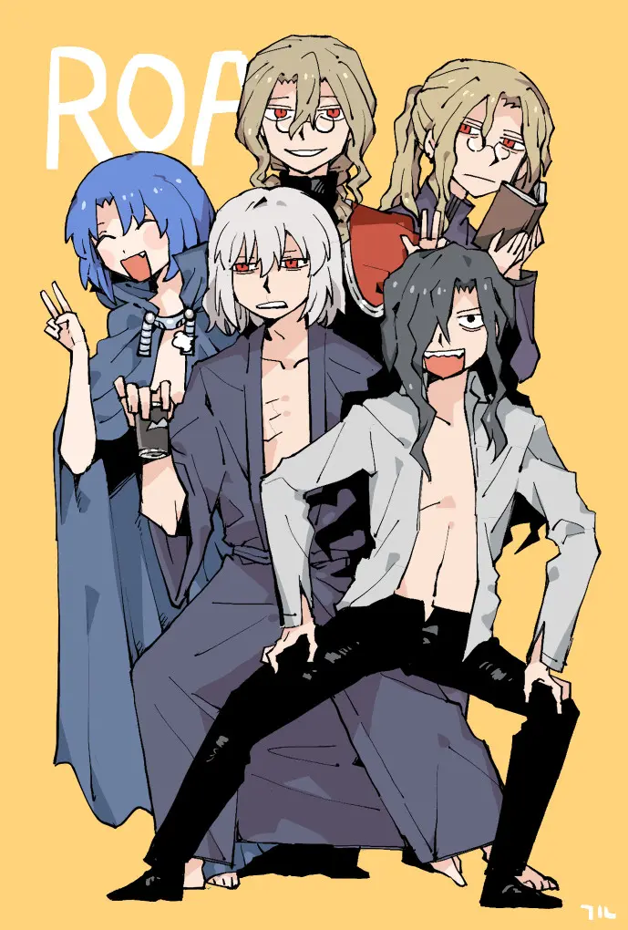 1girl, 4boys, barefoot, black_hair, blonde_hair, blue_hair, blue_kimono, blush