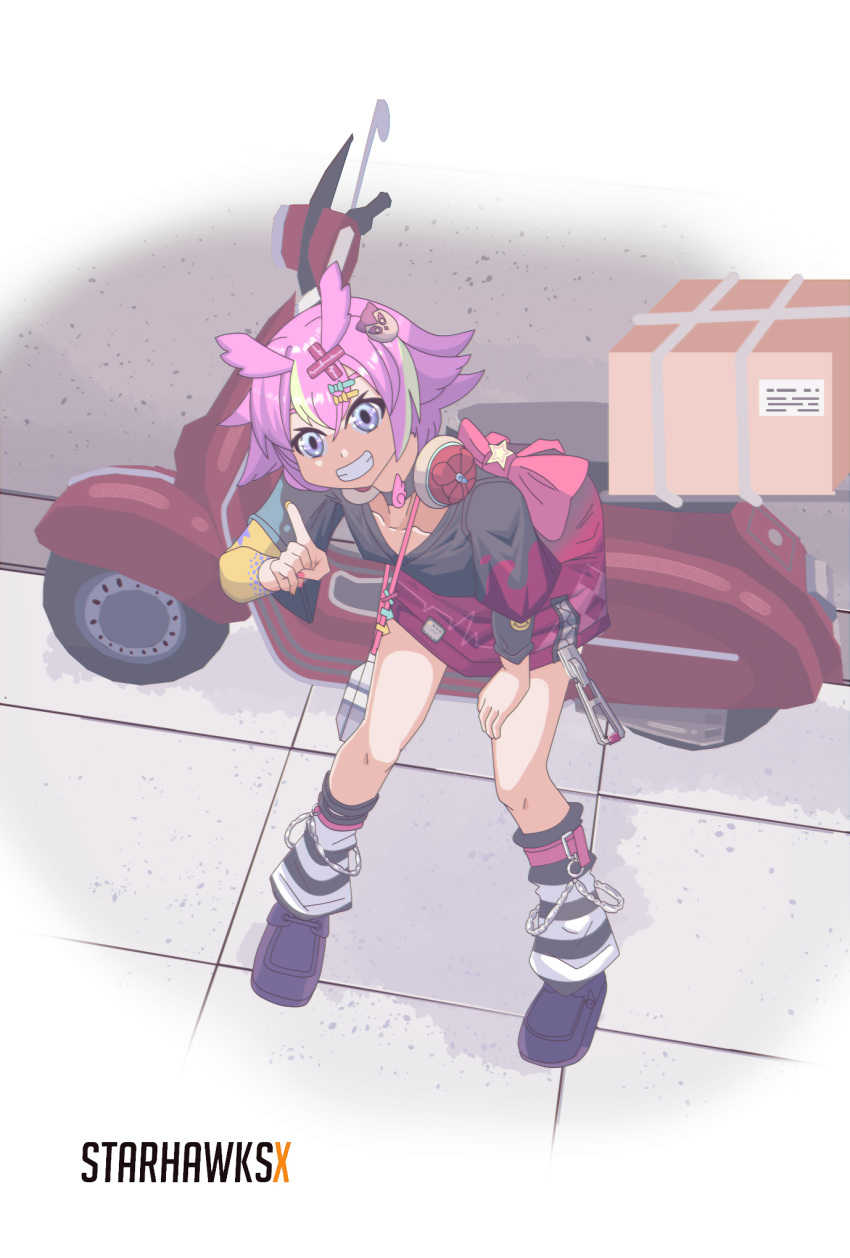 1girl, black_choker, black_leg_warmers, black_shirt, black_shoes, choker, closed_mouth, hair_ornament