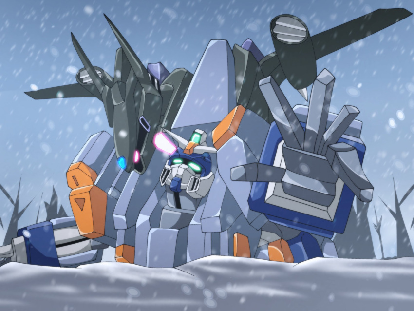 arm_up, armor, biting, blu_duel_(mobile_suit), bucue, commentary, english_commentary, glowing
