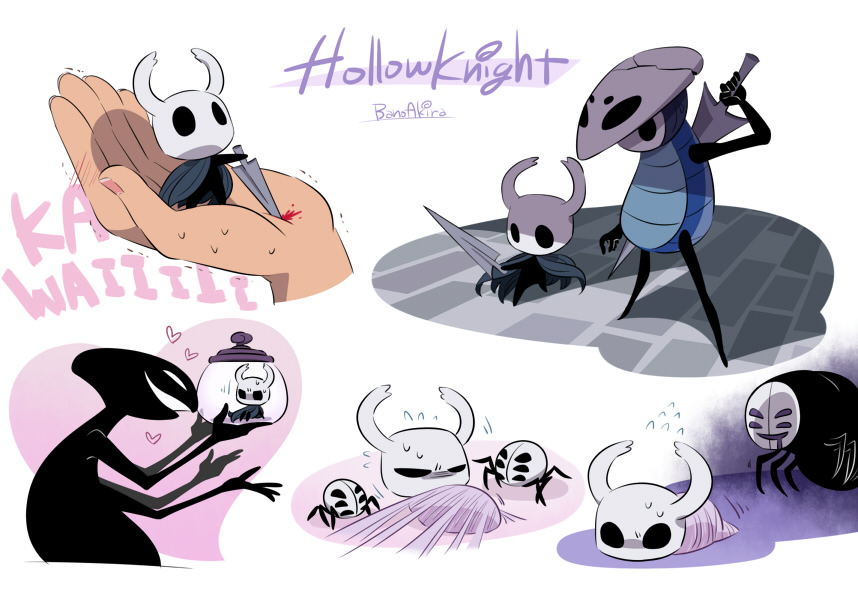 1boy, 1girl, 3others, bano_akira, blood, bound, cocoon, collector_(hollow_knight)