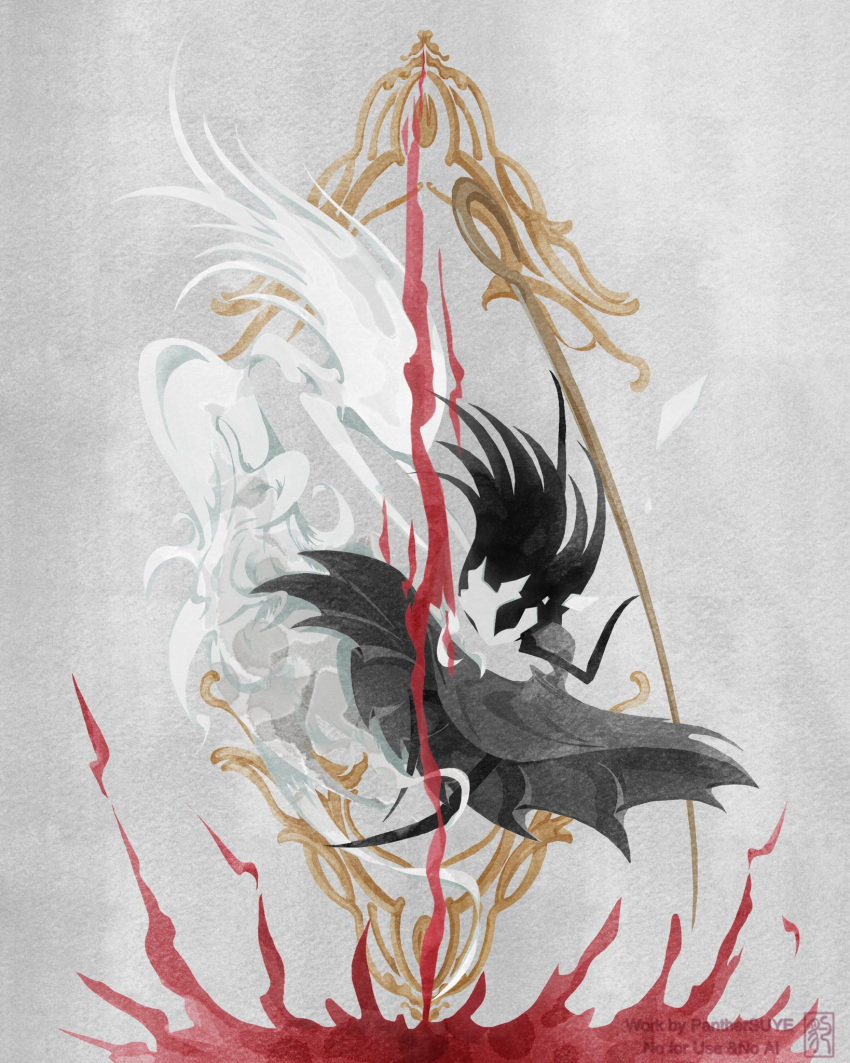 arthropod_girl, black_hair, broken_mask, dress, floating_hair, ghost, grey_dress, highres