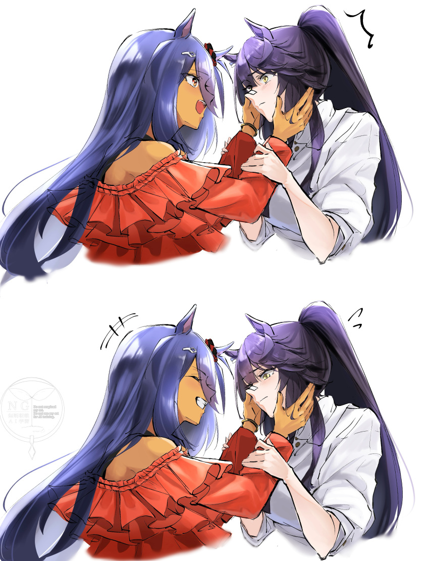 2girls, absurdres, animal_ears, bandaid, bandaid_on_face, bandaid_on_nose, black_hair, blush
