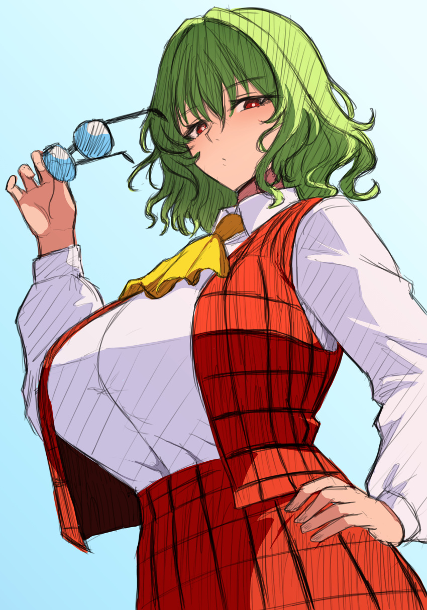 1girl, absurdres, ascot, blue_background, breast_focus, breasts, bright_pupils, closed_mouth