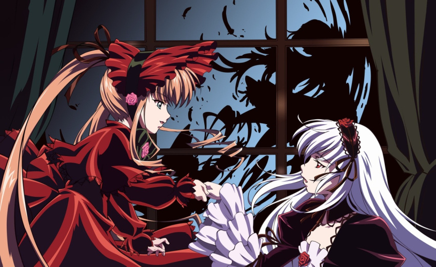 blonde_hair, blue_eyes, bonnet, dress, hairband, kyouka0001, long_hair, multiple_girls, red_eyes, rozen_maiden, shinku, silver_hair, suigintou, twintails