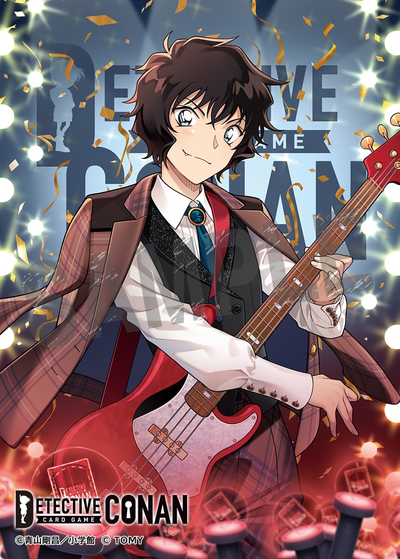 1girl, bass_guitar, black_vest, brown_jacket, brown_pants, closed_mouth, collared_shirt, confetti