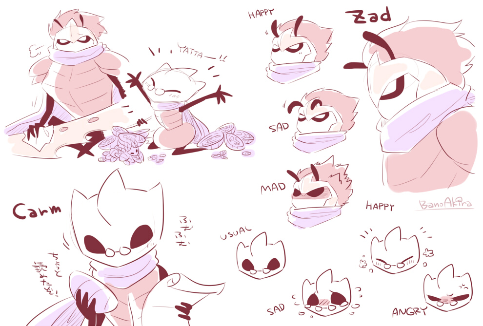 2boys, arthropod_boy, bano_akira, cape, expression_chart, geo_(hollow_knight), helmet, hollow_knight, monochrome, multiple_boys, original, pince-nez, red_theme, scarf