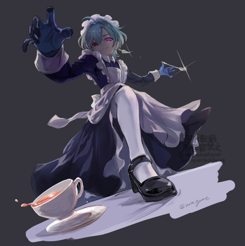 1boy, arie_game, black_shoes, commentary_request, cup, earrings, foot_on_table, fork