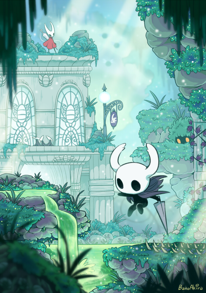 1girl, 1other, acid, bano_akira, black_skin, bush, cloak, colored_skin, commentary, greenpath, grey_cloak, hollow_knight, horned_mask, hornet_(hollow_knight), jumping, knight_(hollow_knight), mask, maskfly_(hollow_knight), mosscreep_(hollow_knight), nail_(hollow_knight), needle_(hollow_knight), plant, red_cloak, sign, white_mask, window