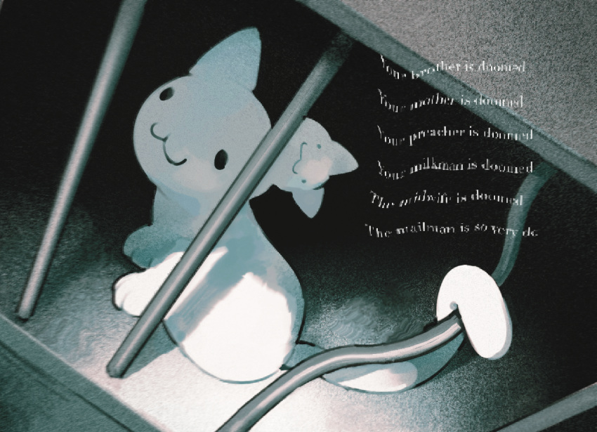 :3, animal_focus, bent_bars, cat, commentary, english_commentary, film_grain, from_above, full_body, iron_bars, lyrics, mewgenics, multiple_heads, no_humans, solo, soumenhiyamugi, stacy_(mewgenics), white_cat