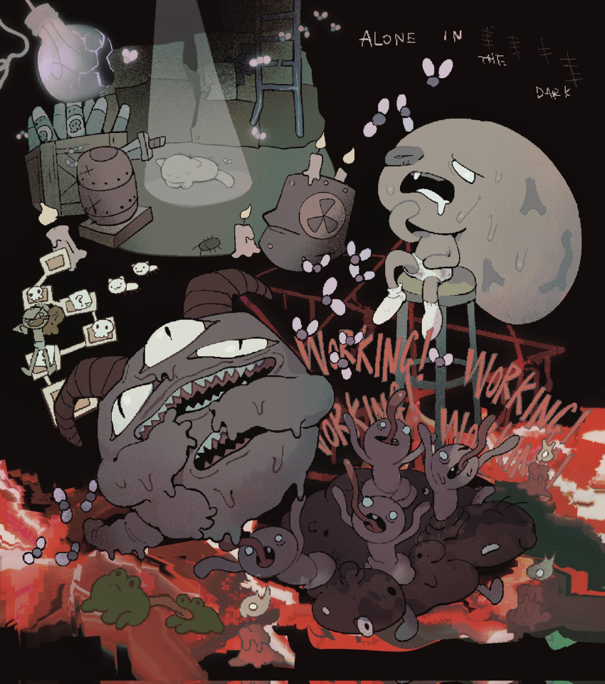 1boy, black_background, bug, candle, cat, demon, extra_mouth, fly, frog, highres, johnny_(mewgenics), ladder, light_bulb, lyrics, mewgenics, monster, on_stool, open_mouth, pentagram, sharp_teeth, sitting, slit_pupils, socks, soumenhiyamugi, stool, sweat, teeth, the_coven_(mewgenics), third_eye, tongue, tongue_out, tormentor_(mewgenics), white_socks