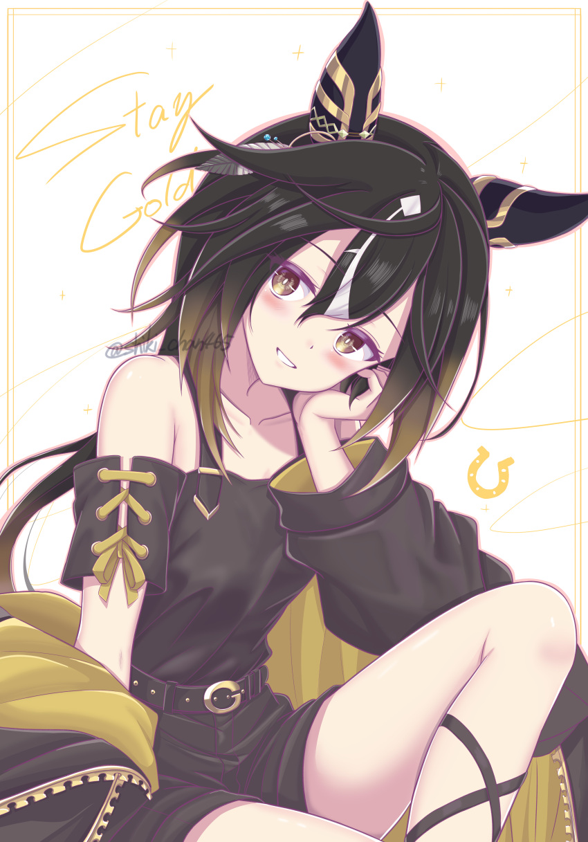 1girl, absurdres, animal_ears, bare_shoulders, belt, black_belt, black_hair, black_jacket