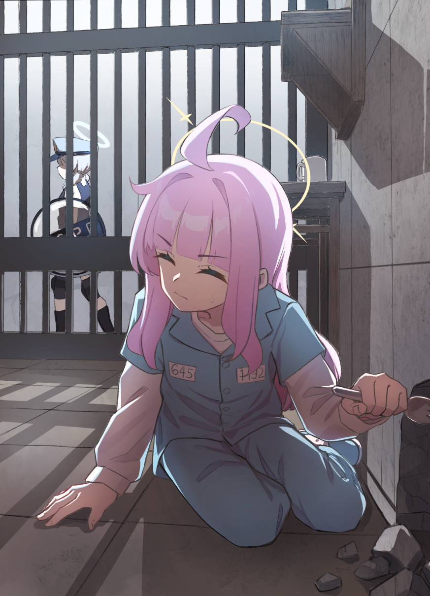 2girls, ahoge, blue_archive, blue_pants, blue_shirt, closed_eyes, commentary_request, halo