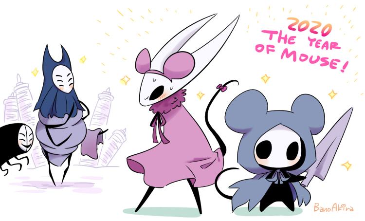 1other, 2020, 3girls, animal_ears, animal_hood, bano_akira, blush, bow, chinese_zodiac, cloak, commentary_request, fake_animal_ears, grey_cloak, hairband, herrah_(hollow_knight), hollow_eyes, hollow_knight, hood, horned_mask, mask, midwife_(hollow_knight), mouse_ears, mouse_hood, multiple_girls, neck_ribbon, pink_bow, pink_cloak, pink_hairband, pink_ribbon, ribbon, simple_background, sweat, tail, tail_bow, tail_ornament, white_background, white_mask, year_of_the_rat