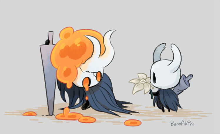 bano_akira, black_eyes, black_skin, broken_vessel_(hollow_knight), cloak, colored_skin, everbloom_(hollow_knight), flower