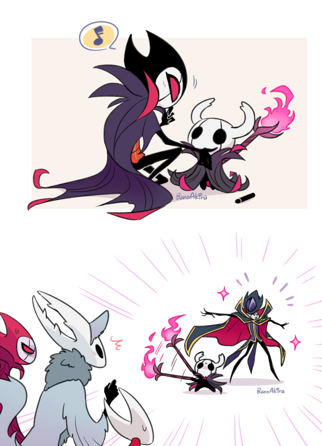 1girl, 2boys, 2others, bano_akira, blush, cloak, code_geass, cosplay, dual_persona, fire, grimm_(hollow_knight), grimm_(hollow_knight)_(cosplay), hollow_knight, hollow_knight_(character), horned_mask, hornet_(hollow_knight), horns, knight_(hollow_knight), laughing, lelouch_vi_britannia, lelouch_vi_britannia_(cosplay), mask, multiple_boys, multiple_others, nightmare_king_grimm_(hollow_knight), siblings, simple_background, sparkle, sweat, white_background, white_cloak, white_horns, white_mask