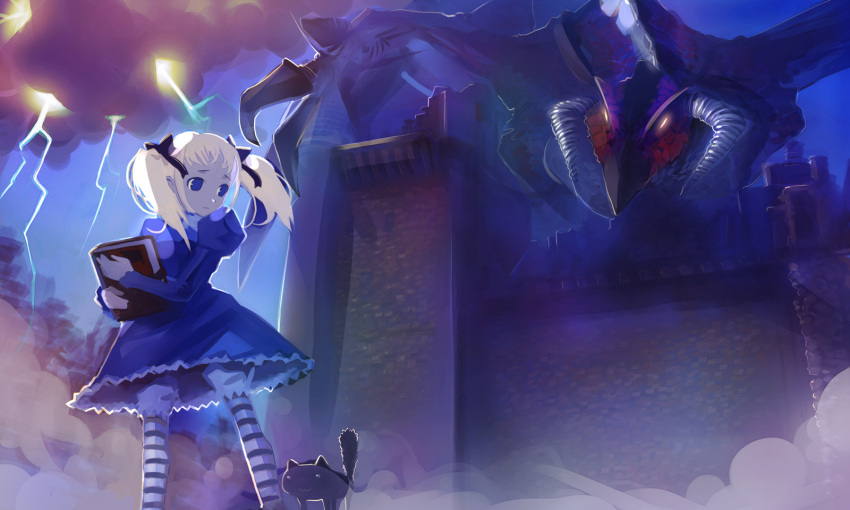 alice_(odin_sphere), animal, blonde_hair, bloomers, blue_eyes, book, castle, cat, dragon, dress, highres, lightning, odin_sphere, original, socrates_(odin_sphere), striped, striped_legwear, striped_thighhighs, takashima, thighhighs, twintails, wagner_(odin_sphere)