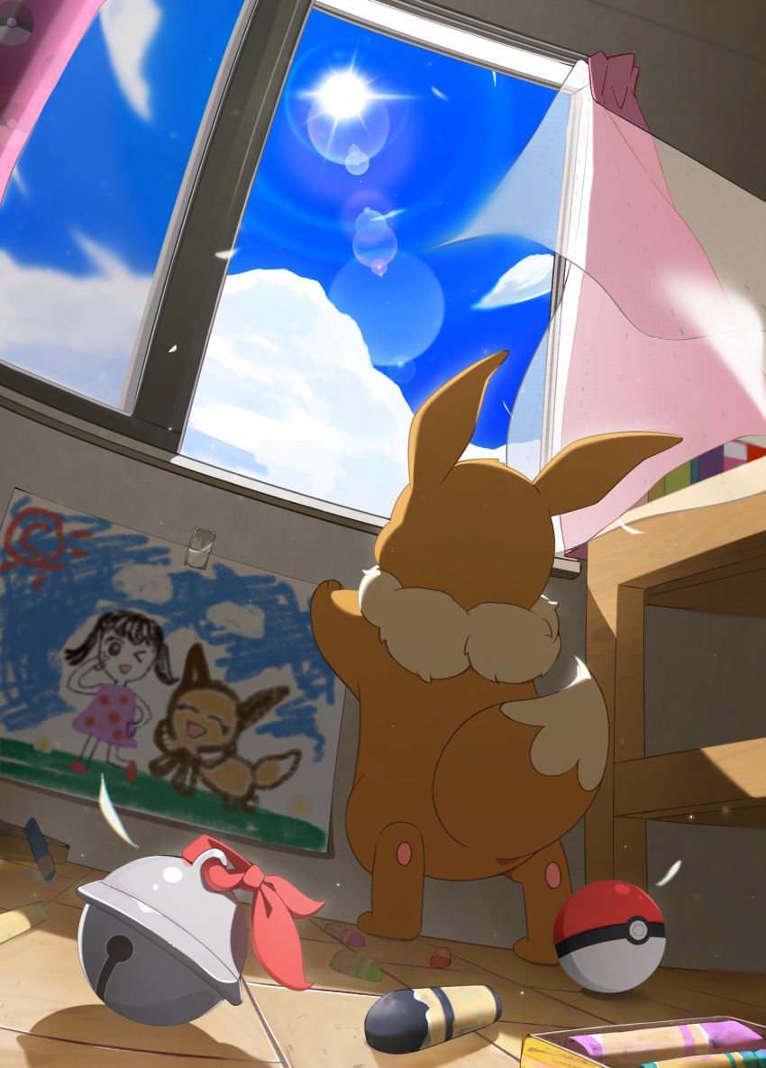 art_eichi, bell, blue_sky, child's_drawing, clouds, cloudy_sky, commentary_request, crayon, crayon_drawing, curtains, day, eevee, highres, indoors, jingle_bell, looking_outside, no_humans, open_window, poke_ball, poke_ball_(basic), pokemon, pokemon_(creature), pokemon_focus, rearing, sky, soothe_bell, sun, window