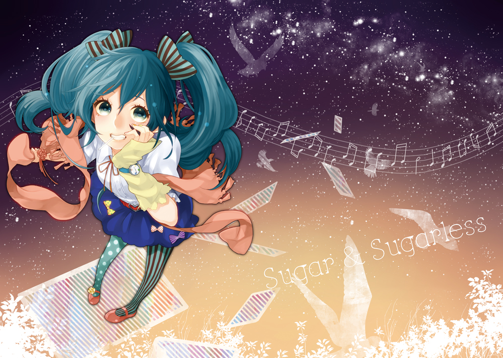 aqua_eyes, aqua_hair, belt, bird, grin, hatsune_miku, momoiro_oji, musical_note