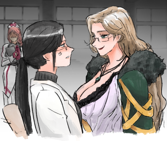 3girls, anger_vein, anne_(path_to_nowhere), belt, black_belt, black_bra, black_fur, black_hair