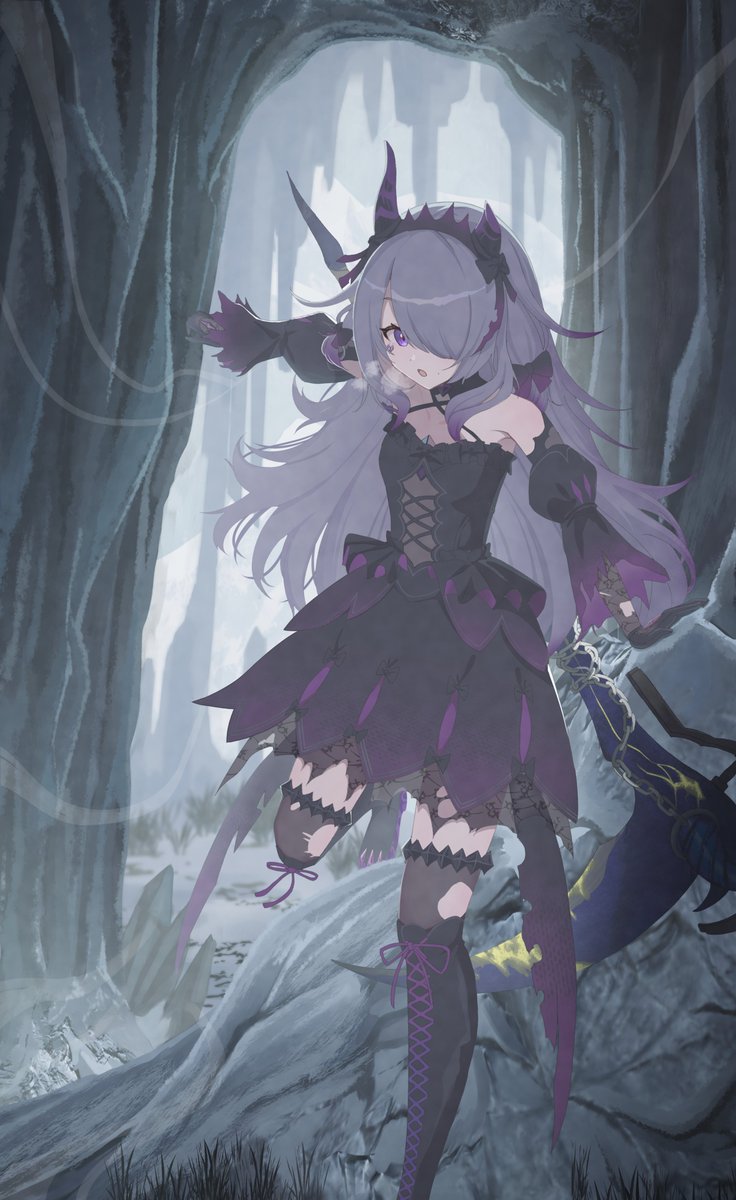 1girl, asymmetrical_horns, black_dress, chest_jewel, dress, fake_horns, gloves, grey_hair
