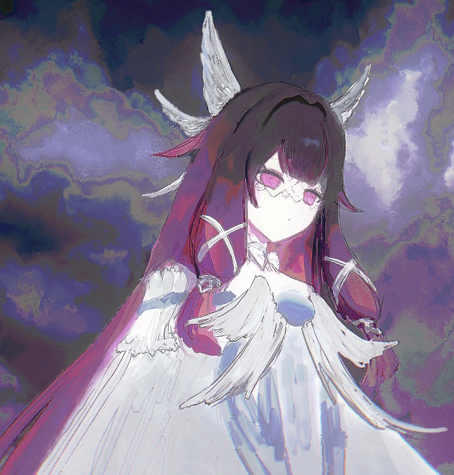 1girl, 303owo303, black_hair, bow, closed_mouth, columbina_(genshin_impact), dark_background, dress