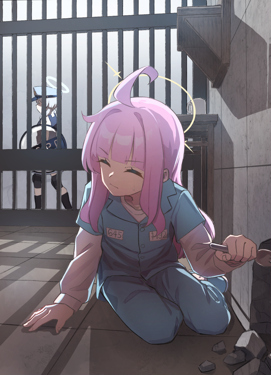 2girls, ahoge, blue_archive, blue_pants, blue_shirt, closed_eyes, commentary_request, halo