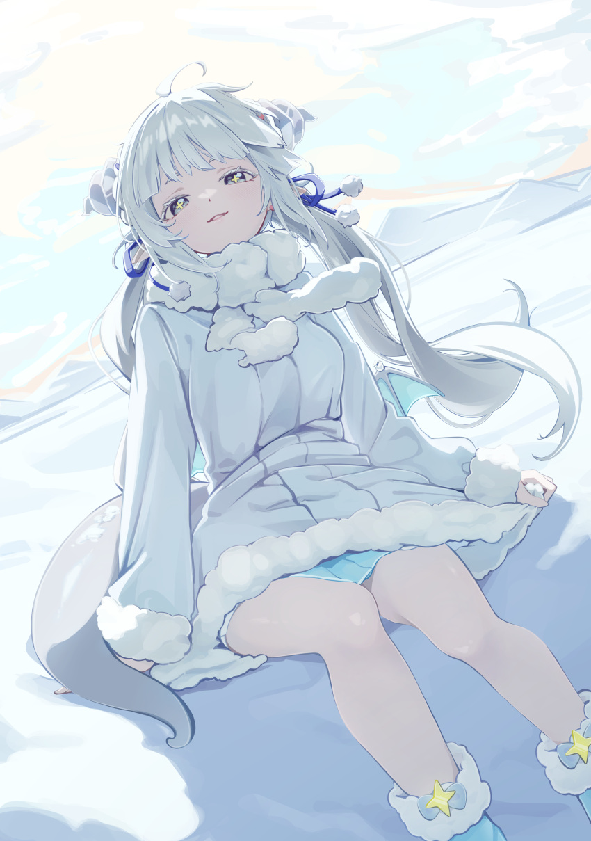 1girl, absurdres, ahoge, blue_ribbon, blue_skirt, boots, coat, colored_eyelashes
