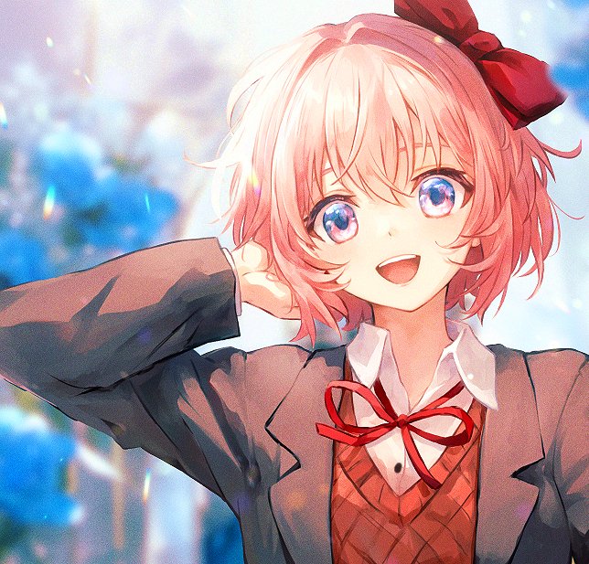 1girl, :d, blue_eyes, blurry, blurry_background, bow, bowtie, commentary_request
