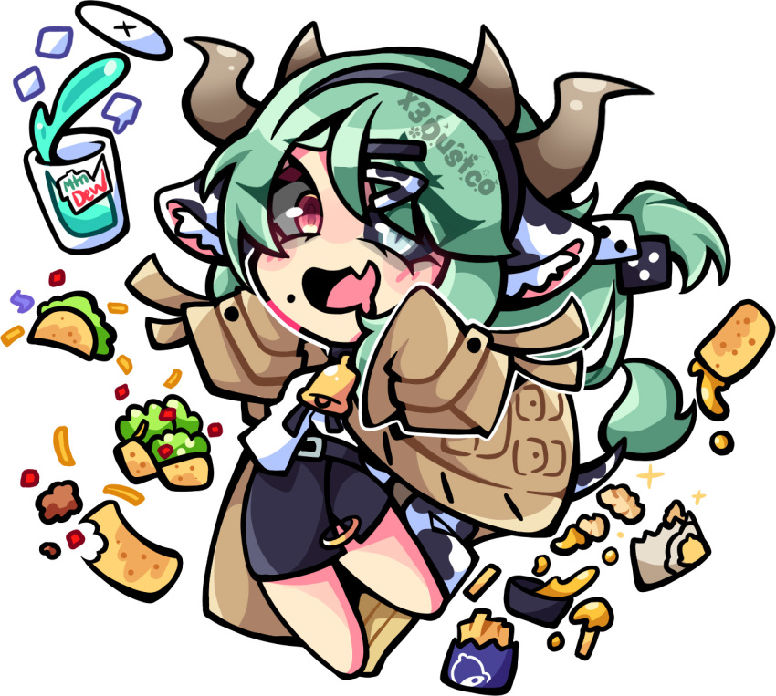 1girl, animal_ears, bell, black_hairband, black_sclera, black_skirt, brown_coat, cheese, chibi, coat, colored_sclera, cow_ears, cow_girl, cow_horns, cowbell, crelly, crelly_(crelly_3.0), dice_hair_ornament, fang, food, french_fries, green_hair, grey_sclera, hair_ornament, hairband, heterochromia, highres, horns, indie_virtual_youtuber, long_hair, mismatched_sclera, mole, mole_under_mouth, mountain_dew, open_mouth, ponytail, red_eyes, salad, shirt, skin_fang, skirt, solo, taco, taco_bell, virtual_youtuber, white_background, white_shirt, x3dustco