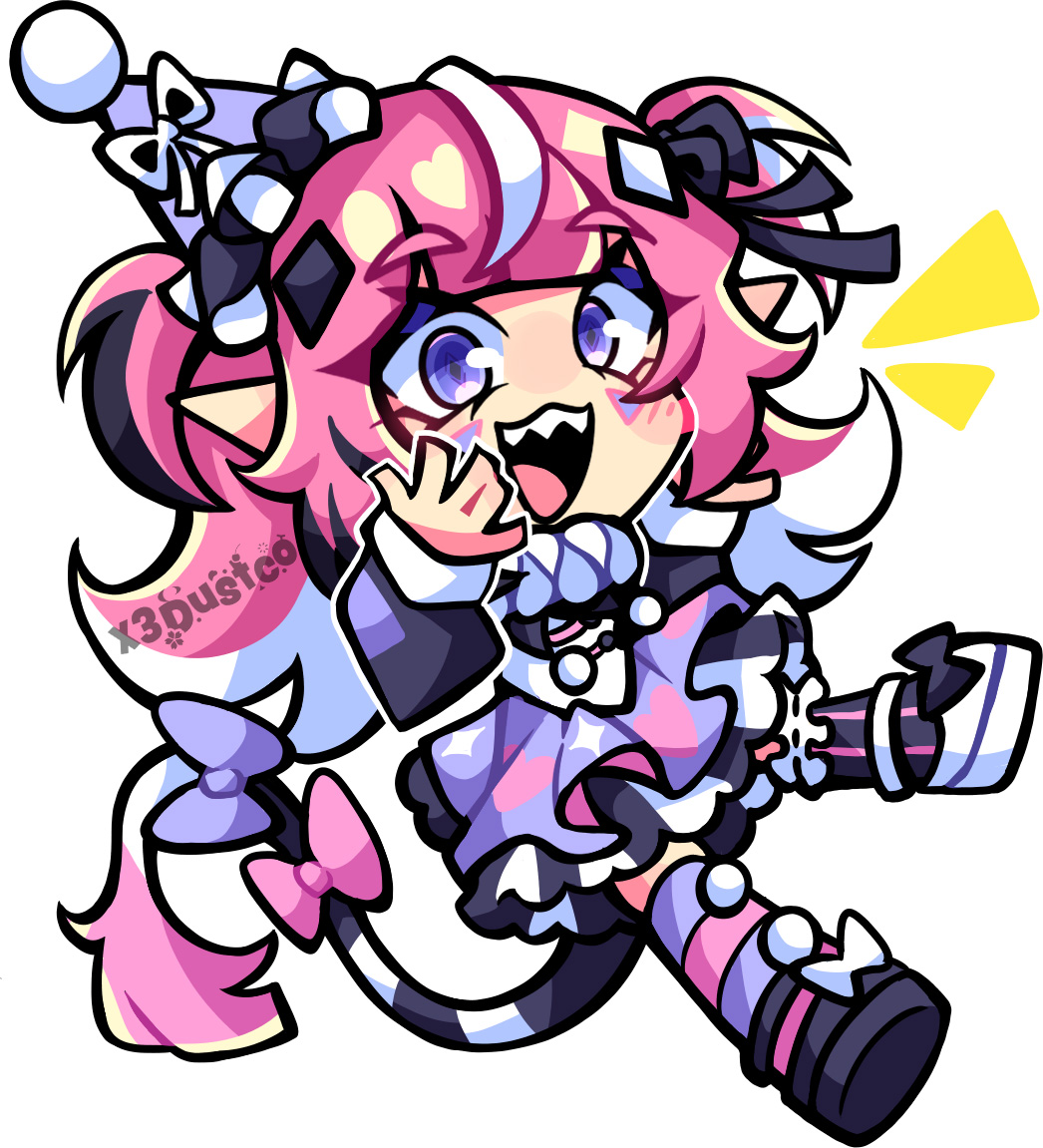 1girl, black_ribbon, bow, camila_(cami_3.0)_(vtuber), camila_(vtuber), chibi, commentary, dress, english_commentary, facial_mark, hair_ribbon, hat, indie_virtual_youtuber, long_hair, mini_party_hat, multicolored_hair, open_mouth, party_hat, pink_hair, pointy_ears, ribbon, solo, streaked_hair, tail, tail_bow, tail_ornament, triangle, triangle_facial_mark, violet_eyes, virtual_youtuber, white_background, white_ribbon, white_streaks, x3dustco
