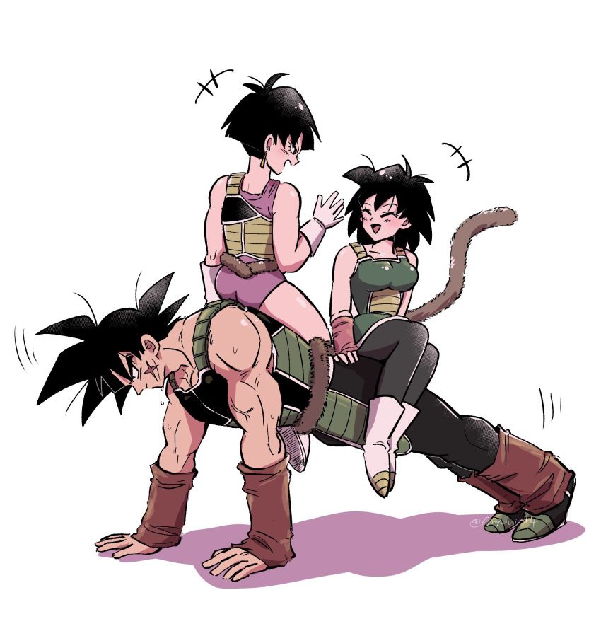 1boy, 2girls, bardock, commentary_request, cross_scar, dragon_ball, dragon_ball_z, exercising, gine, highres, ireba_sui, monkey_tail, multiple_girls, muscular, muscular_male, saiyan, saiyan_armor, scar, seripa, spiky_hair, tail, tail_around_own_waist