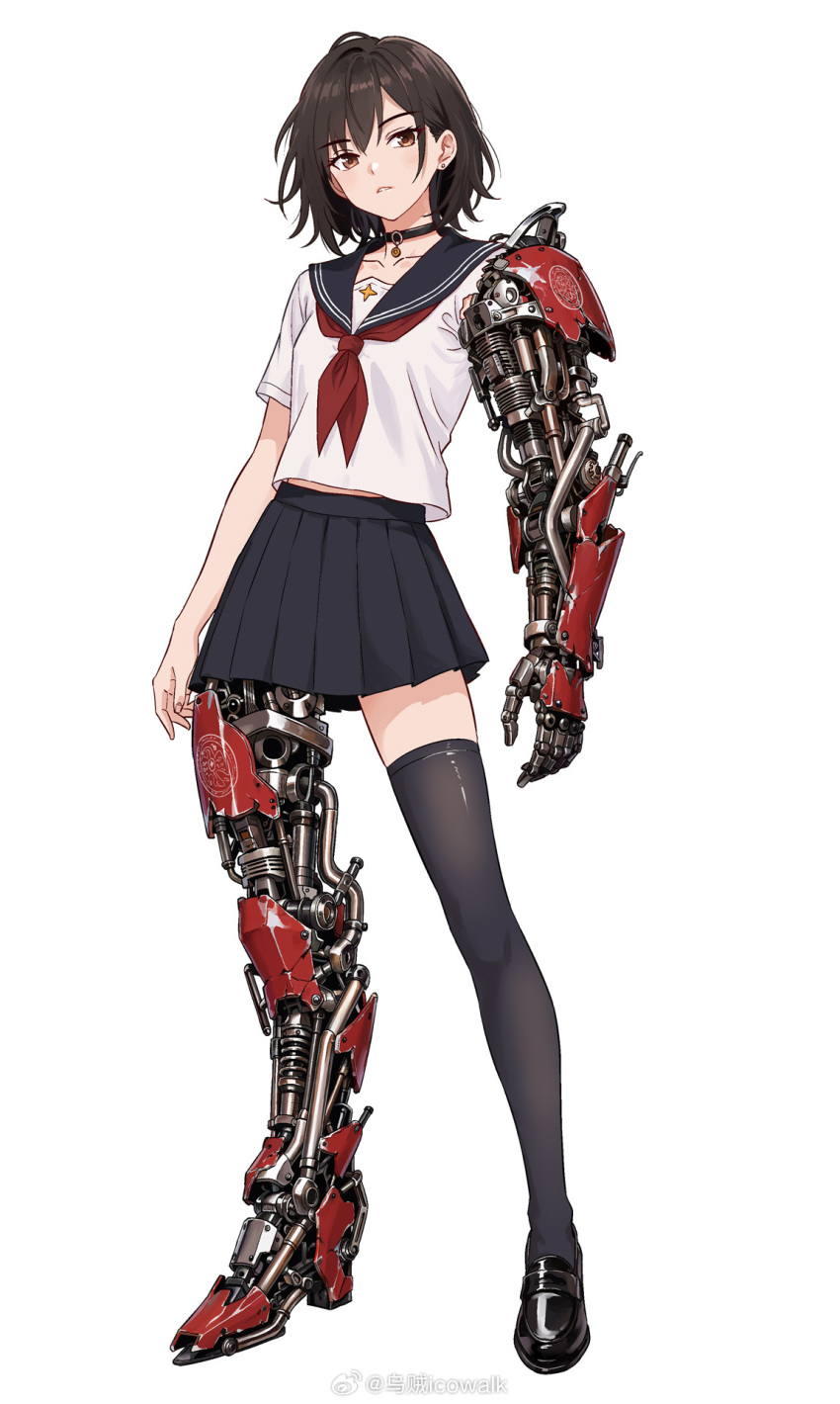 1girl, black_choker, black_hair, black_sailor_collar, black_shoes, black_skirt, black_thighhighs, brown_eyes, chinese_commentary, choker, commentary_request, earrings, full_body, highres, ichabod, jewelry, legs_apart, loafers, looking_at_viewer, mechanical_arms, mechanical_legs, midriff_peek, miniskirt, neckerchief, original, parted_lips, pleated_skirt, red_neckerchief, sailor_collar, school_uniform, serafuku, shirt, shoes, short_hair, short_sleeves, single_mechanical_arm, single_mechanical_leg, single_thighhigh, skirt, solo, standing, stud_earrings, thigh-highs, watermark, weibo_watermark, white_background, white_shirt, zettai_ryouiki