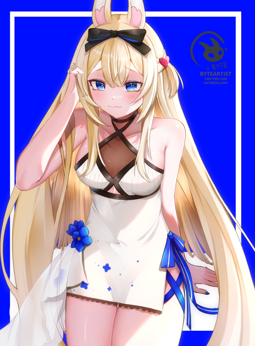 1girl, animal_ears, bare_shoulders, black_bow, blonde_hair, blue_background, blue_eyes, blue_flower