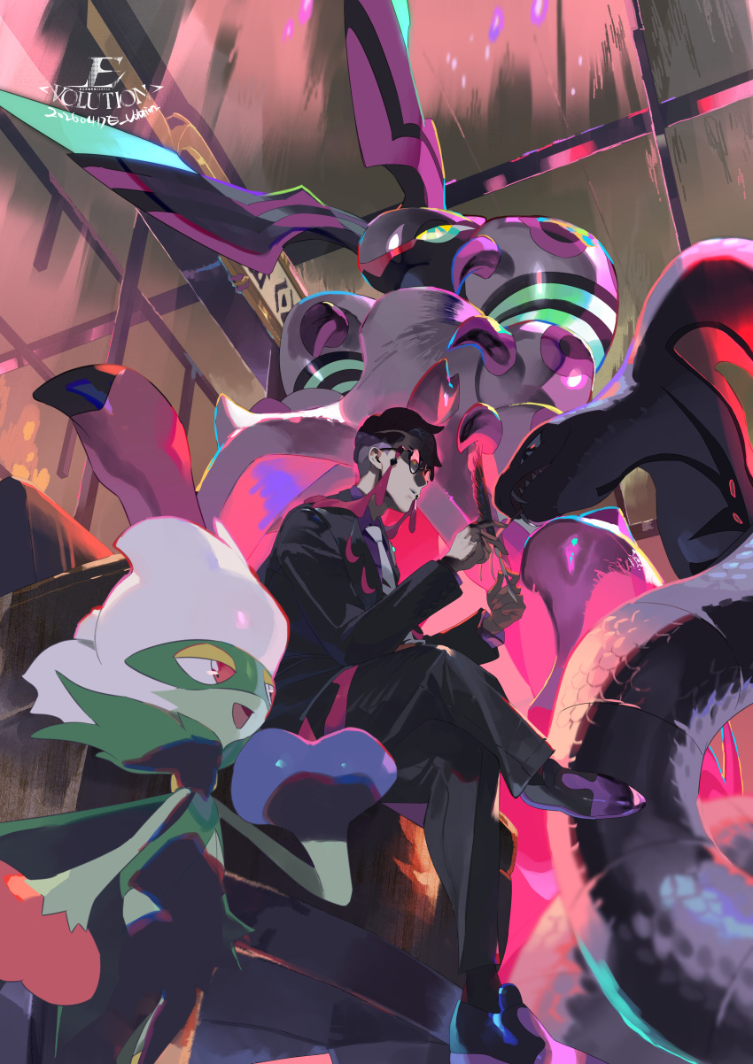 1boy, absurdres, antennae, arbok, armor, black-framed_eyewear, black_hair, black_jacket