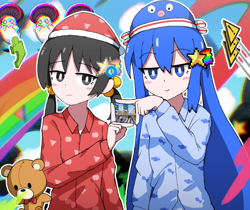 2girls, atena_fumei, black_eyes, black_hair, blue_eyes, blue_hair, blue_hat, blue_pajamas, bright_pupils, closed_mouth, clouds, dreammode_(vocaloid), hair_bobbles, hair_ornament, hat, highres, jitome, kaai_yuki, long_hair, looking_at_another, mixed-language_commentary, multiple_girls, mushroom, nightcap, official_art, otomachi_una, outline, pajamas, patterned_clothing, photo_inset, puzzle_piece, rainbow, red_hat, red_pajamas, short_hair, short_twintails, sign, sky, smile, star_(symbol), star_hair_ornament, stuffed_animal, stuffed_toy, teddy_bear, twintails, vocaloid, warning_sign, white_outline, white_pupils
