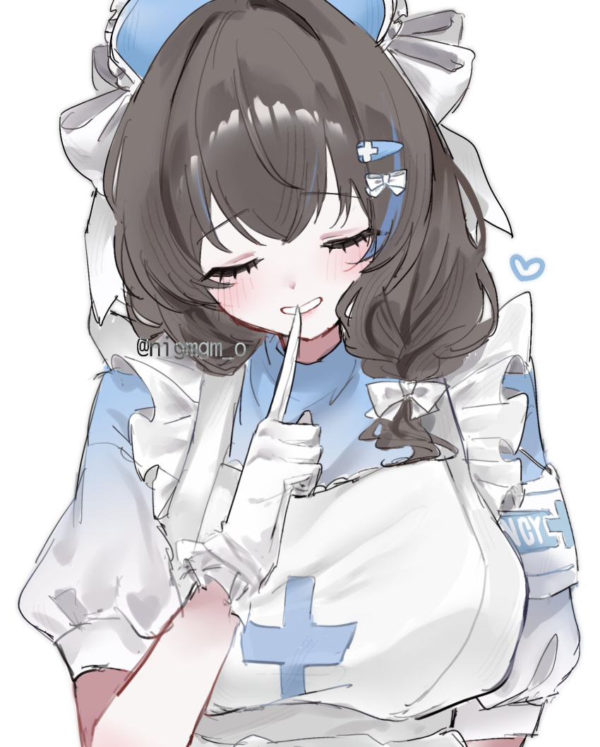 1girl, alternate_costume, apron, armband, black_hair, blue_hair, blue_streaks, blush