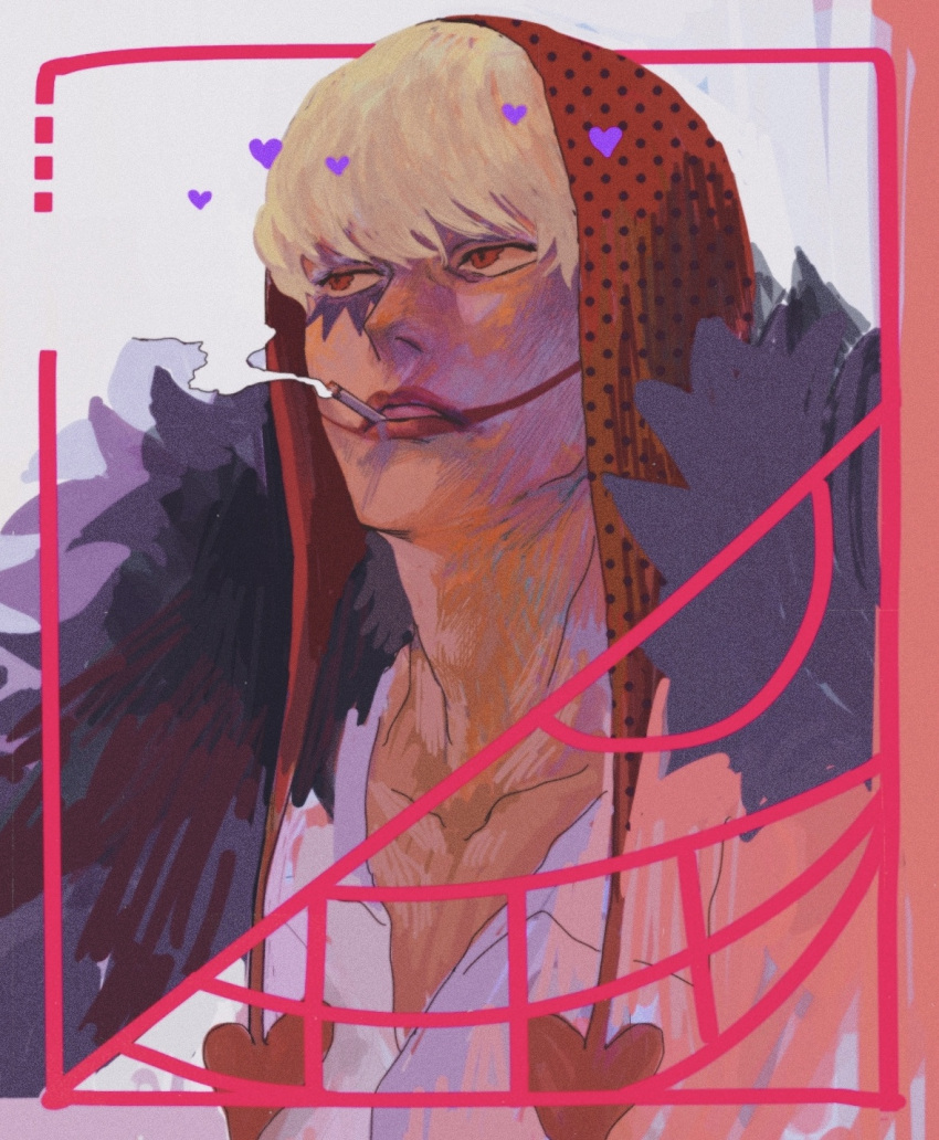 1boy, blonde_hair, blunt_bangs, cape, cigarette, commentary_request, donquixote_rocinante, feather_cape